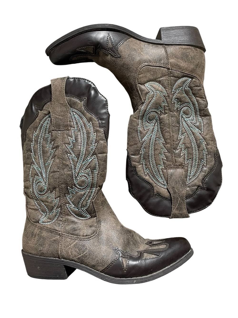 A3- Western Embroidered Cowboy Boots in Brown with Turquoise Stitching dolce